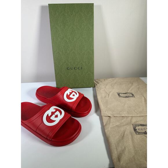NIB Gucci Rubber Slide Sandals Red with White GG Logo UK8 US8.5 - Picture 10 of 11